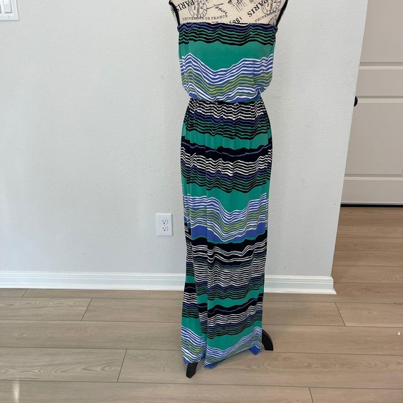 Tori Richard‎ Honolulu Strapless Maxi Dress Green Blue Stripe Beach Cover Up - Picture 2 of 8